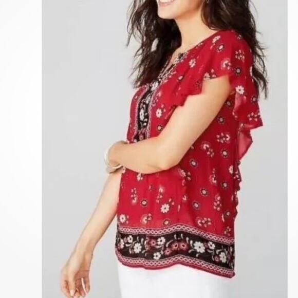 NWT J. Jill Ruffled Sleeve floral Top boho float sz 1x red black - Picture 2 of 9